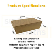 Kraft Lunch Box (1600ml) - 200 pcs/ctn
