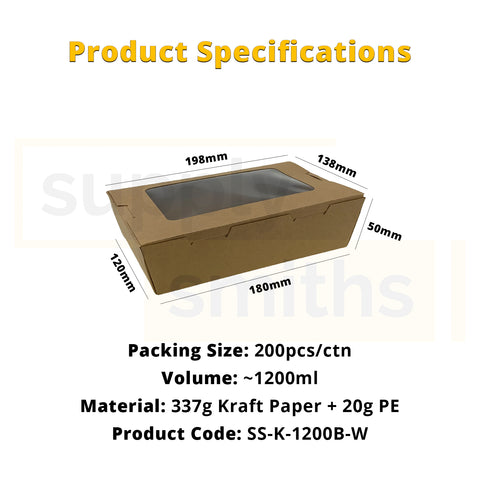 Kraft Window Lunch Box (1200ml) - 200 pcs/ctn