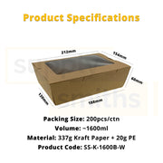 Kraft Window Lunch Box (1600ml) - 200 pcs/ctn
