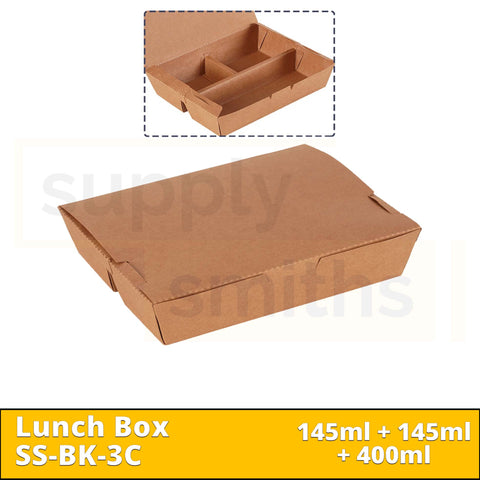 Kraft Lunch Box 3 Compartment (145ml+145ml+400ml) - 200 pcs/ctn