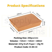 Kraft Lunch Box 3 Compartment (145ml+145ml+400ml) - 200 pcs/ctn