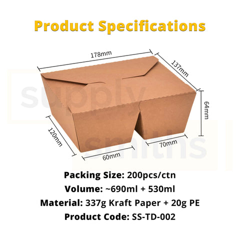 Kraft Centre Closing Lunch Box 2 Compartment (690ml+530ml) - 200 pcs/ctn